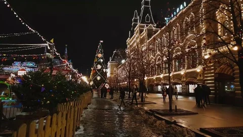 People attend Christmas Market at Red Square Stock Footage