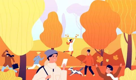 People in autumn park. Family activities on nature. Kids playing, person walk Stock Illustration