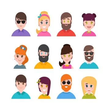 People avatars collection. Simple flat cartoon style. Male and female portr.. Stock Illustration