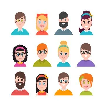 People avatars collection. Simple flat cartoon style. Men, boys, girls and .. Stock Illustration
