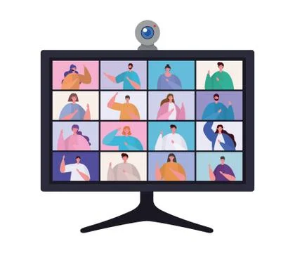 People avatars on computer in video chat conference vector design イラスト素材
