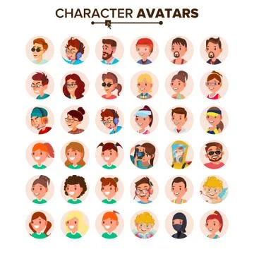 People Avatars Set . Default Character Avatar Placeholder. Face, Emotions. Flat Stock Illustration