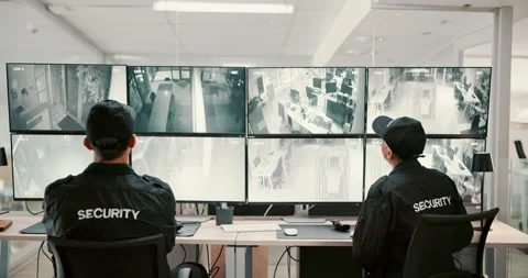 People, back or security guard with screen for surveillance alert or building Stock Footage 303723598