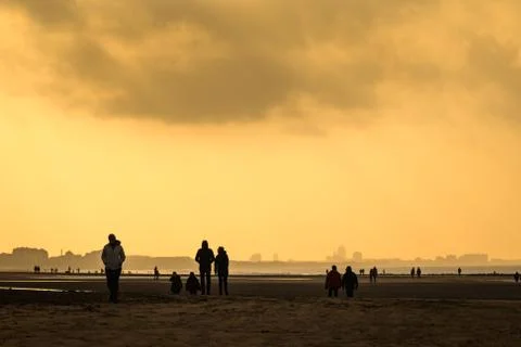 People backlit by sunset at the beach Stock Photos