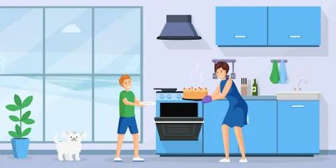 People baking cake flat vector illustration. Smiling woman and little kid in Stock Illustration