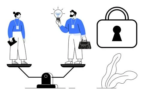 People balancing ideas and security in workplace with seesaw metaphor, padl.. イラスト素材