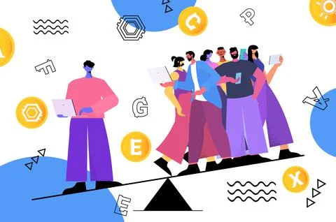 People balancing on scales cryptocurrency mining virtual money banking Stock Illustration