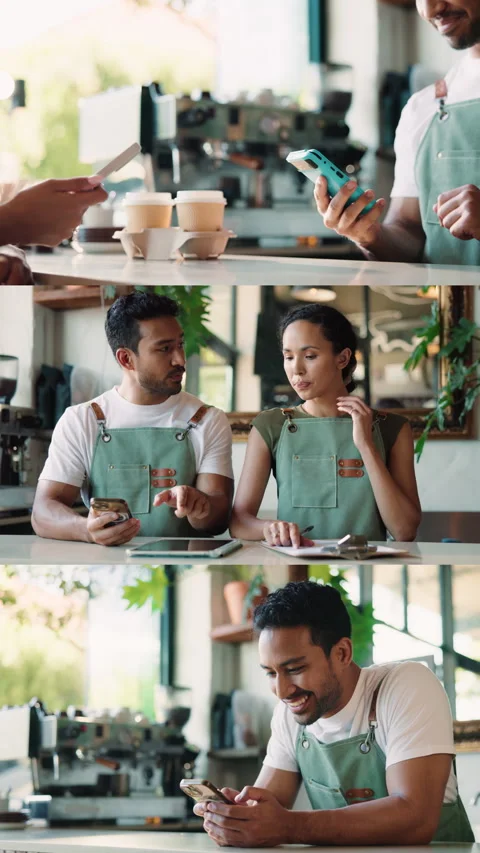 People, barista and tech at cafe for takeaway, phone payment and inventory Stock Footage 342243955
