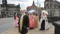 People in baroque outfit strolling in the city of Dresden, Germany HD Footage