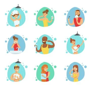 People In The Bathroom Doing Their Routine Hygiene Procedures, Brushing Teeth Stock Illustration