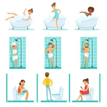 People In The Bathroom Doing Their Routine Hygiene Procedures, Taking Bath Stock Illustration