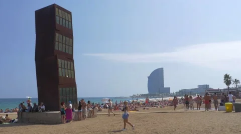 People on the beach in Barcelona Stock Footage 68340478