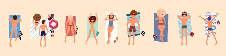 People on the beach or on the seashore relax and sunbathe. Stock Illustration