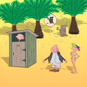 People on the beach. Queue in the beach cabin. Cartoon illustration. Stock Illustration