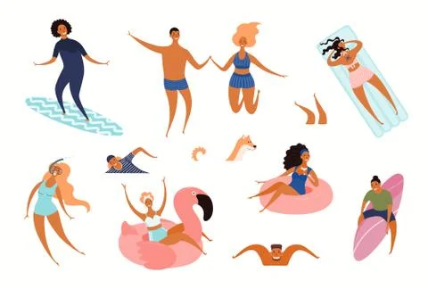 People on the beach set Stock Illustration