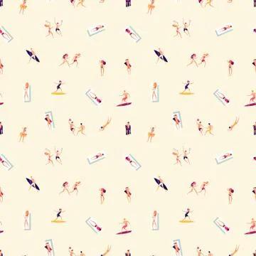 People on beach. Summer vacation pattern. Men women take sunbath, sporting Stockillustratie