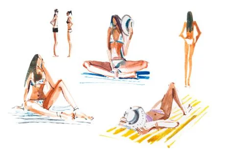 People on the beach Tanning women, sunbathing girls Summer holiday. Stock Illustration