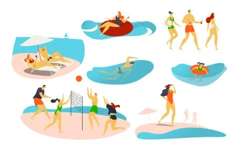 People on the beach, vector illustration, characters play volleyball, swim on Ilustração Stock