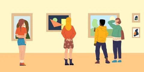 People from behind. Museum exposition. Men and women looking at masterpieces Stock Illustration