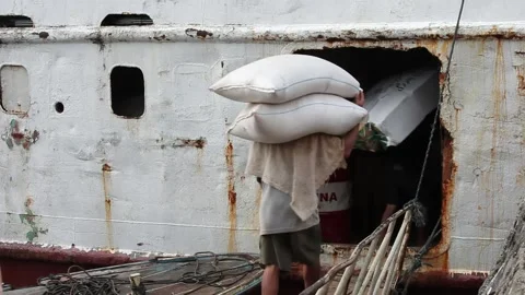 People being in cargo sacks onto a boat in Manado, Indonesia. Stock Footage 217727990