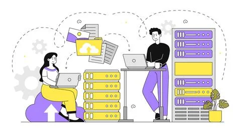 People with big data. Man and woman with server and data storage. Archive and Illustrazione stock