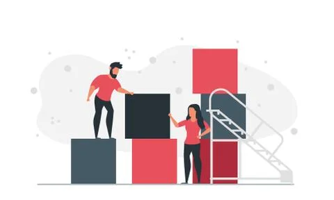People from the blocks of the cube make a graphic together. Man and woman bui Stock Illustration