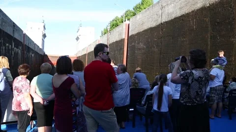 People on board the ship which stands at the gateway, Svir River Stock Footage 68239267