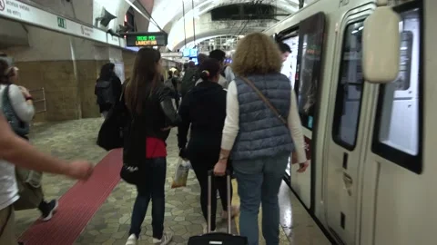 People Boarding A Train Inside The Rome Metro In Rome, Italy Stock Footage 154973597