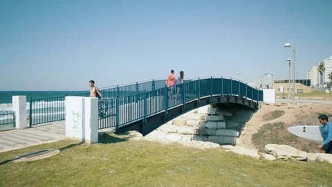 People at at boardwalk on beach. Stock Footage 81207968