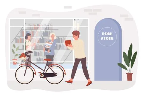 People in book store, reader student walking next to front of bookstore building Ilustración de archivo
