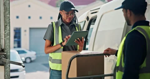 People, box and tablet with van for delivery, parcel exchange and agreement for 動画素材 346879341