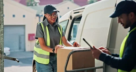 People, box and tablet with van for logistics, parcel exchange and agreement for Stock Footage 346882427