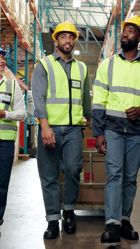 People, boxes and trolley at warehouse for logistics, inspection and supply Stock Footage 340611440