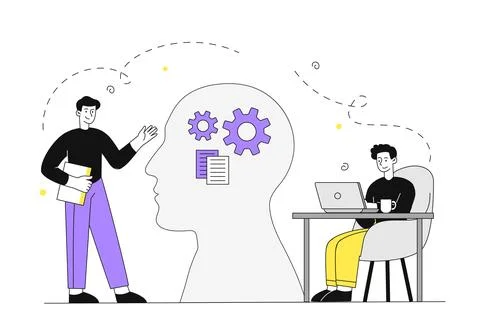 People brainstorming concept. Two men near head silhouette with cogwheels Stock Illustration