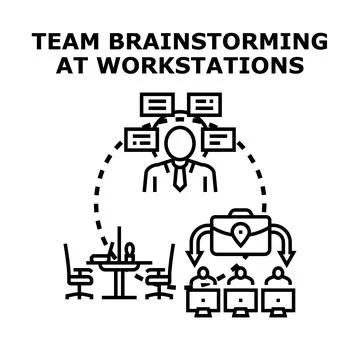 People brainstorming ideas and collaborating at workstations Stock Illustration