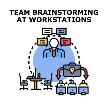 People brainstorming ideas and collaborating at workstations Stock Illustration