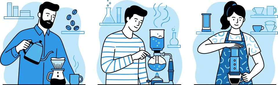 People Brewing Coffee with Various Methods, Pour Over, Cold Brew, and Aerop.. Stock Illustration