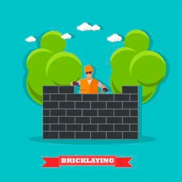 People build bricks wall. Construction site concept vector banner Stock Illustration