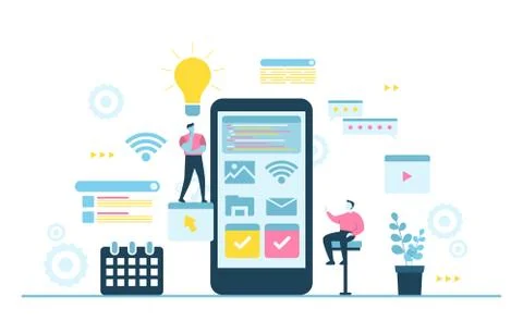 People Build Mobile App Development Process Flat Design Illustration Illustrazione stock