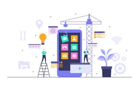 People Build Mobile App Development Process Flat Design Illustration Illustrazione stock