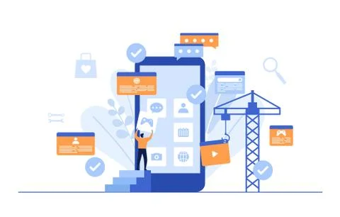 People Build Mobile App Development Process Flat Design Illustration 스톡 일러스트