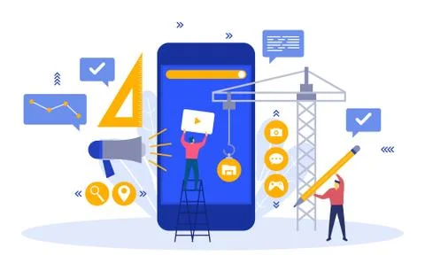 People Build Mobile App Development Process Flat Design Illustration Stock Illustration