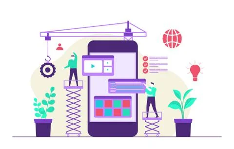People Build Mobile App Development Process Flat Design Illustration Stockillustratie