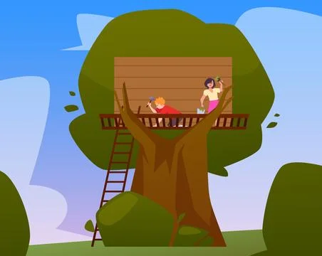 People building tree house on tree trunk, kids wooden lodge with ladder, vector Ilustración de archivo
