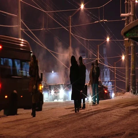 People at a bus stop on a winter evening. Stock Footage 69721795