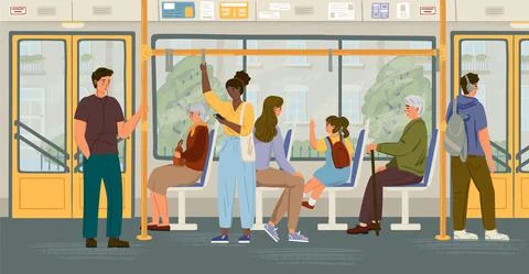 People in bus vector concept illustration. City public ptransport interior Illustrazione stock