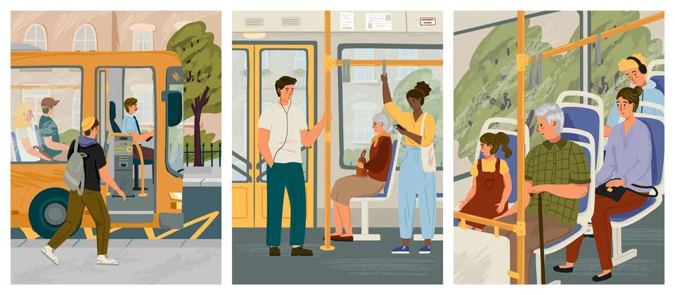 People in bus vector posters set. City public ptransport interior, sitting and Ilustración de archivo