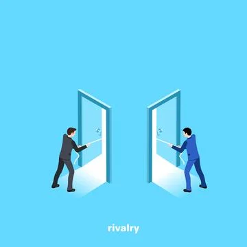 People in business suits pull the rope from different rooms through open door Stock Illustration