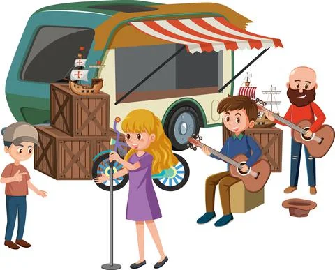People busking performance on white background Illustrazione stock