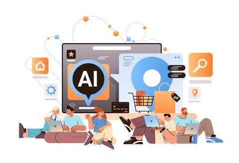 People buying things in computer app with ai shopping assistant helper bot e Stock Illustration